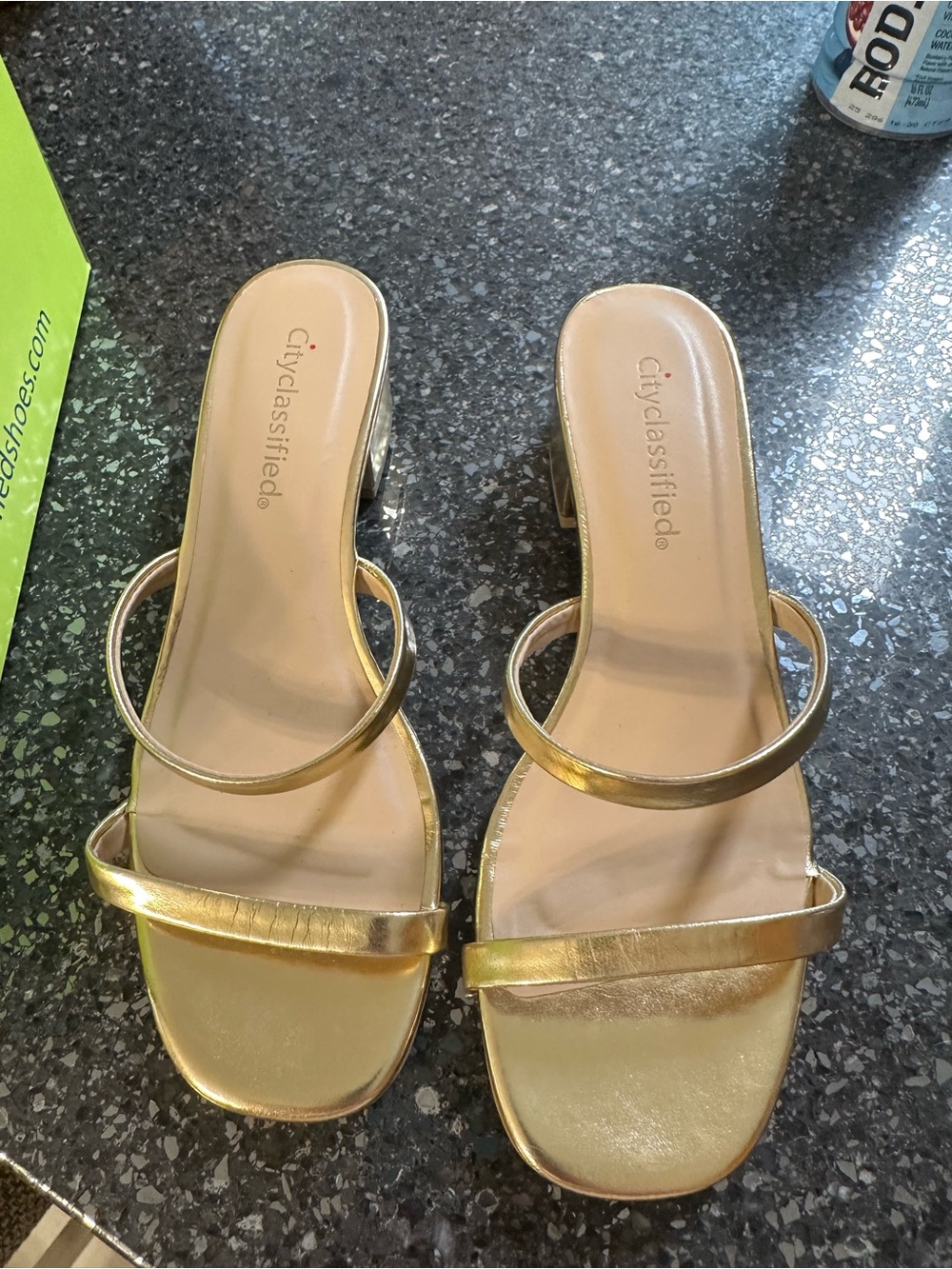 Cityclassified Metallic Gold Double-Strap Heeled Slides for Women